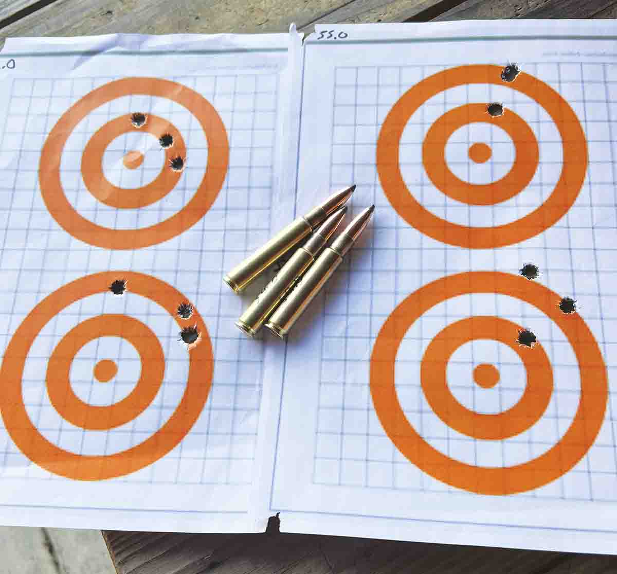 These four range targets were shot using Speer 225-grain softpoint boat-tail bullets. Accuracy may not be match worthy, but it is more than acceptable for hunting at reasonable ranges.